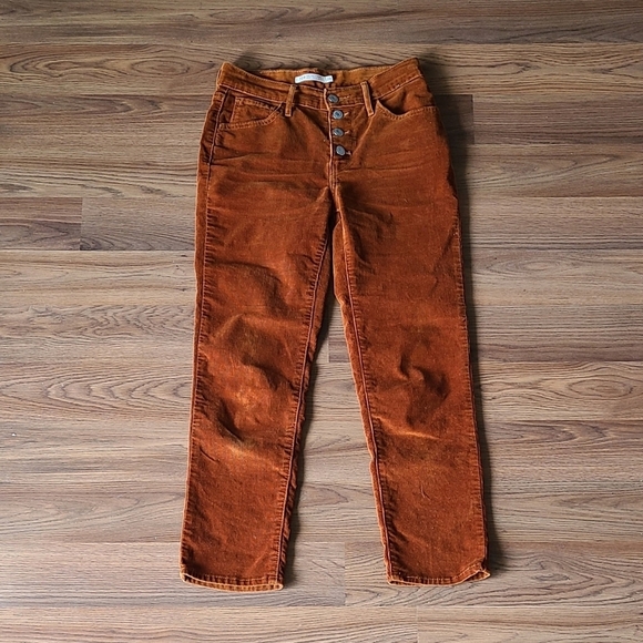 Sz 24 Levi's high rise straight burnt orange corduroy button up  cropped pants - Picture 2 of 6